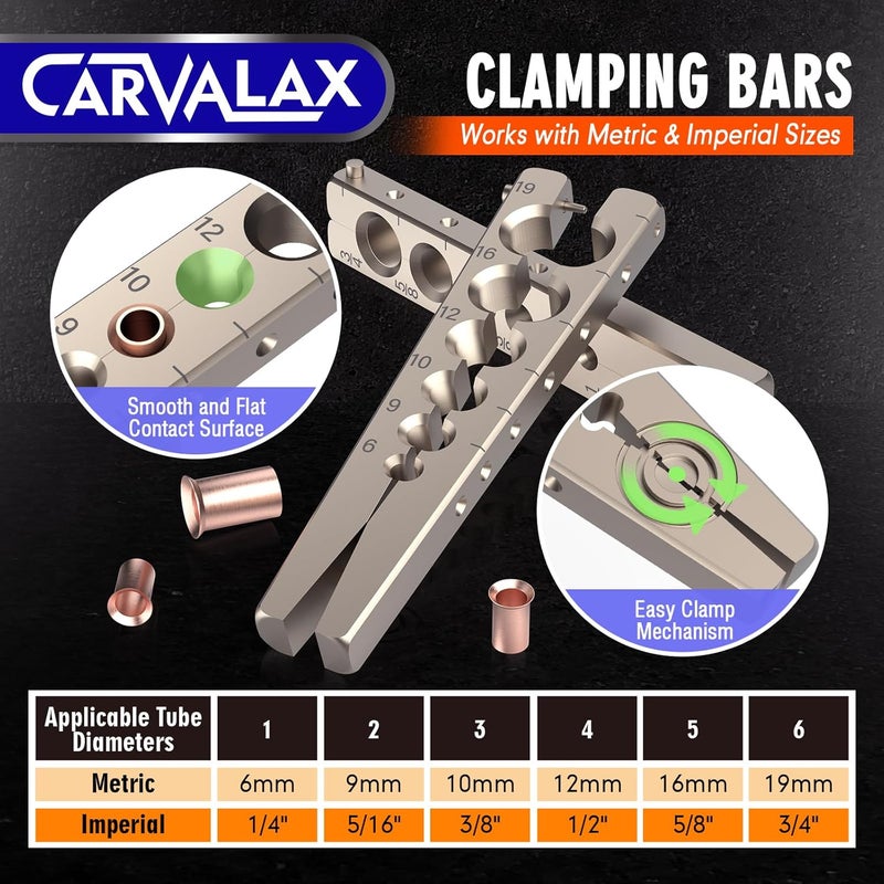 CARVALAX طقم تشكيل دقيق بزاوية 45° مع مشابك متريّة وإمبراطورية (2 مشبك) لماسورة 6-19 مم و 1/4"-3/4"، يتضمن قاطع، أداة إزالة الحواف وحقيبة صلبة لإصلاح أنظمة التكييف والتبريد - Image 4
